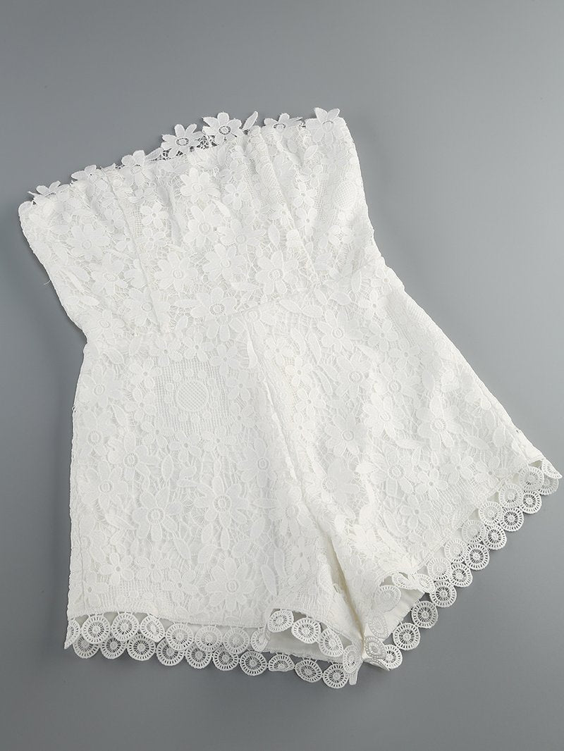 Lace Strapless Romper with Black Bow H6851