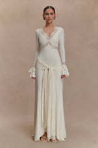 Lace Trim V-Neck Long Sleeve Gown H7148
