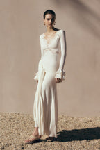Lace Trim V-Neck Long Sleeve Gown H7148