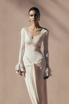 Lace Trim V-Neck Long Sleeve Gown H7148
