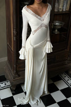 Lace Trim V-Neck Long Sleeve Gown H7148