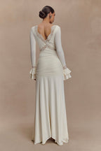 Lace Trim V-Neck Long Sleeve Gown H7148