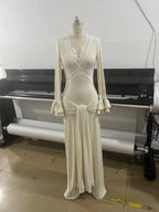 Lace Trim V-Neck Long Sleeve Gown H7148