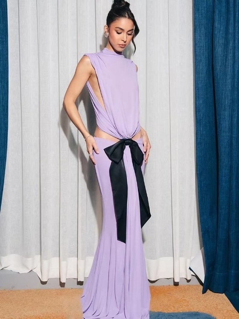 Lavender Cutout Back Maxi Dress with Black Bow H6765