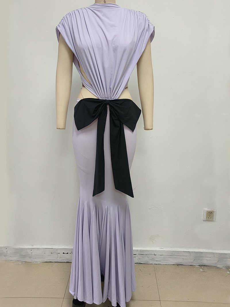 Lavender Cutout Back Maxi Dress with Black Bow H6765