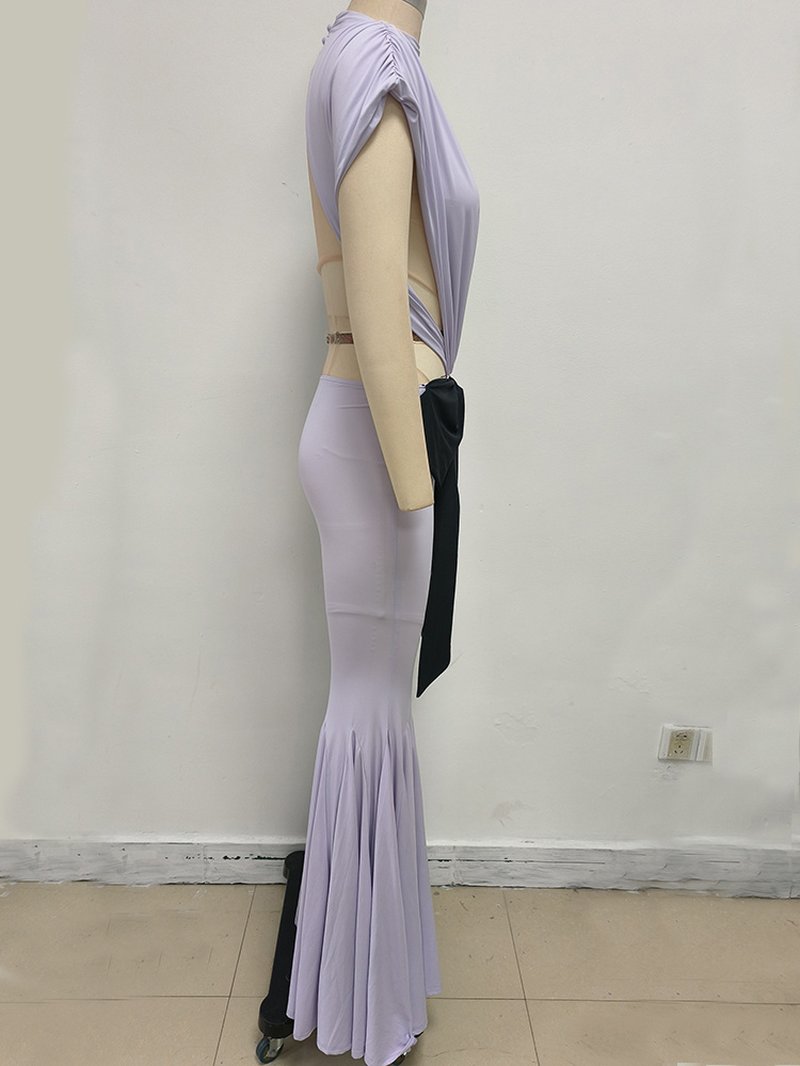 Lavender Cutout Back Maxi Dress with Black Bow H6765