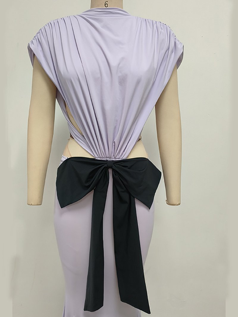 Lavender Cutout Back Maxi Dress with Black Bow H6765