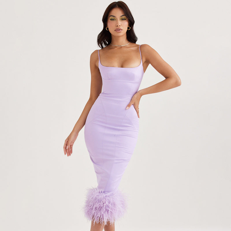 Lavender Feather Hem Bandage Dress H5555