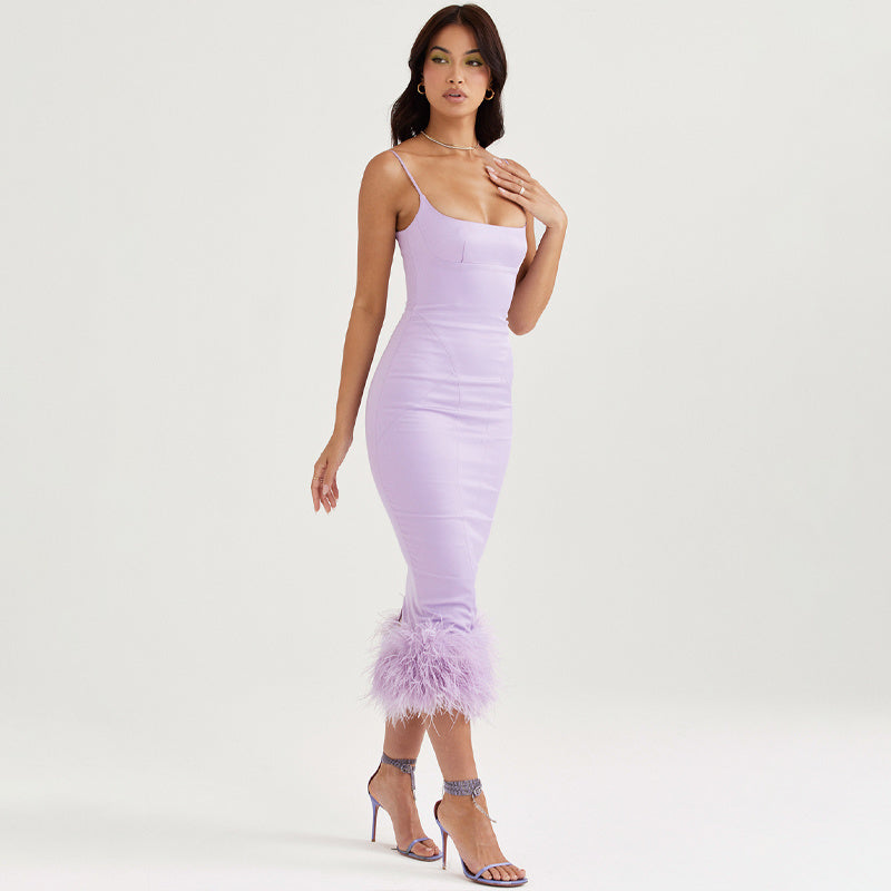Lavender Feather Hem Bandage Dress H5555