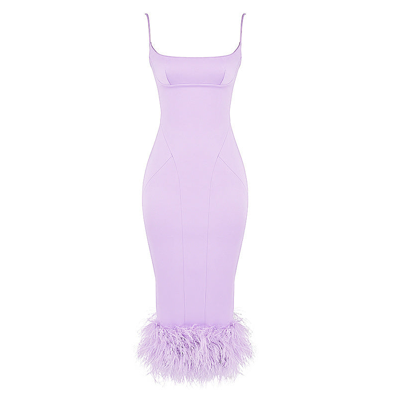 Lavender Feather Hem Bandage Dress H5555