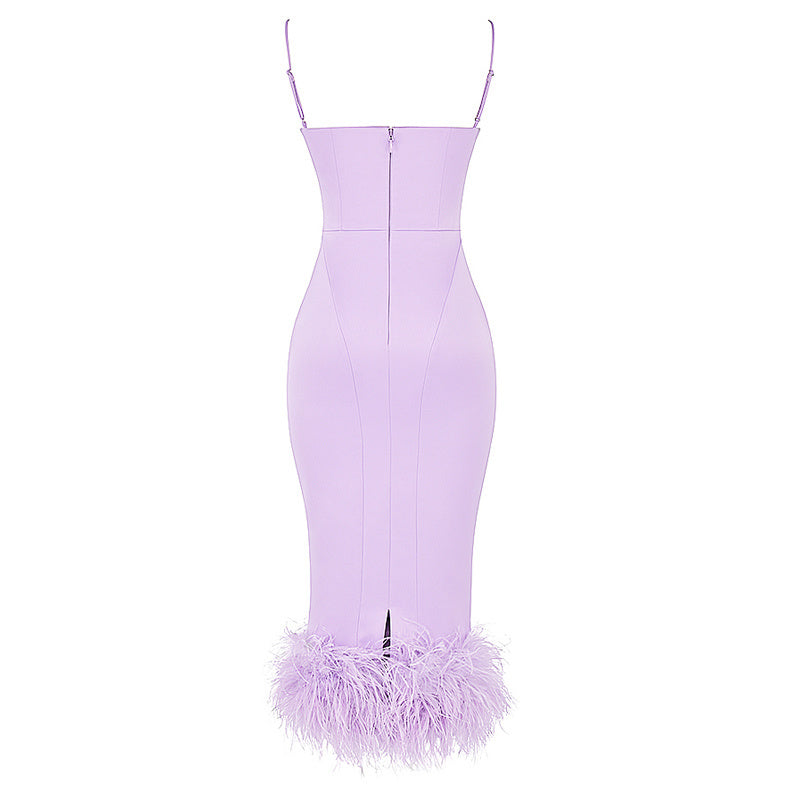 Lavender Feather Hem Bandage Dress H5555