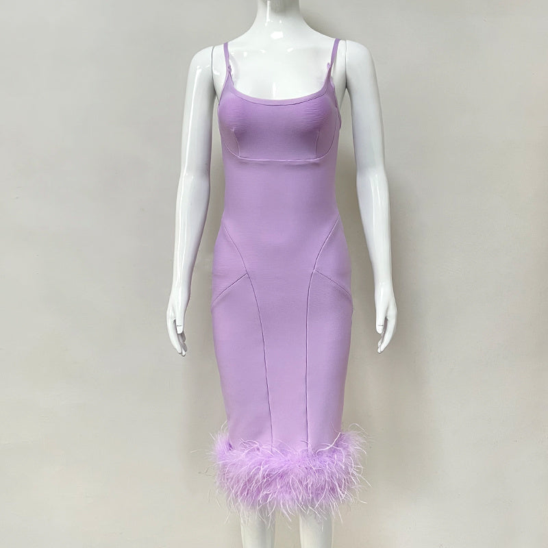 Lavender Feather Hem Bandage Dress H5555