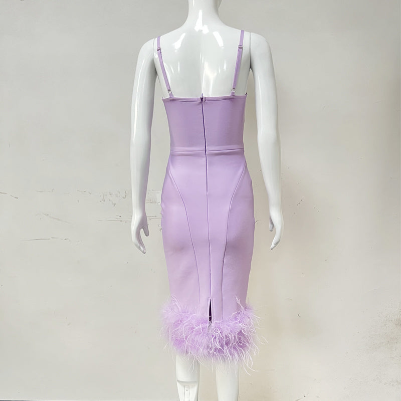 Lavender Feather Hem Bandage Dress H5555