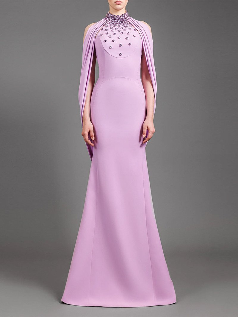Lavender Halter Beaded Cape Gown H7002