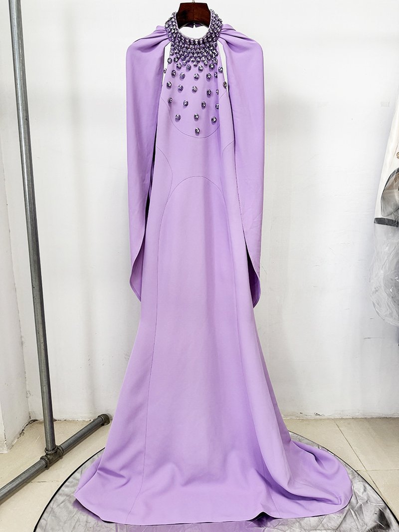 Lavender Halter Beaded Cape Gown H7002