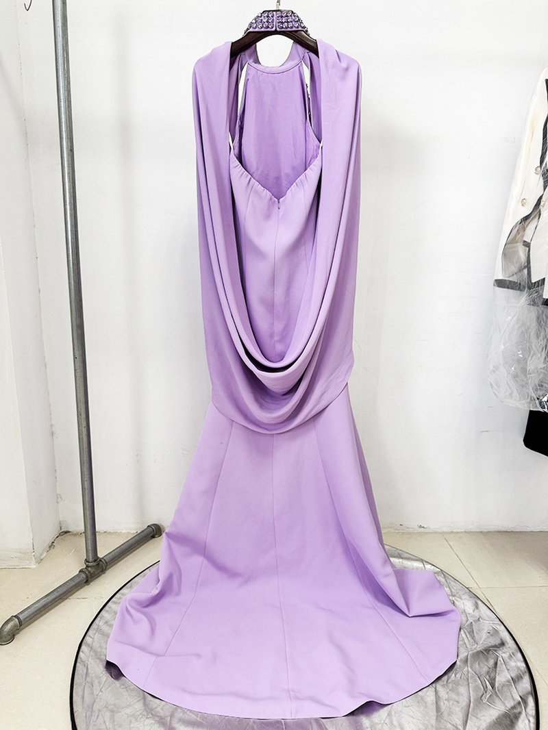Lavender Halter Beaded Cape Gown H7002