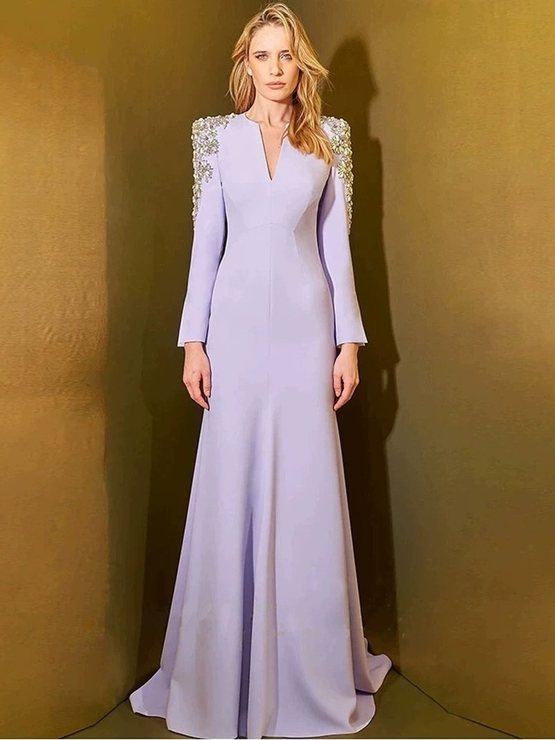 Lavender Long Sleeve Embellished Gown H6633