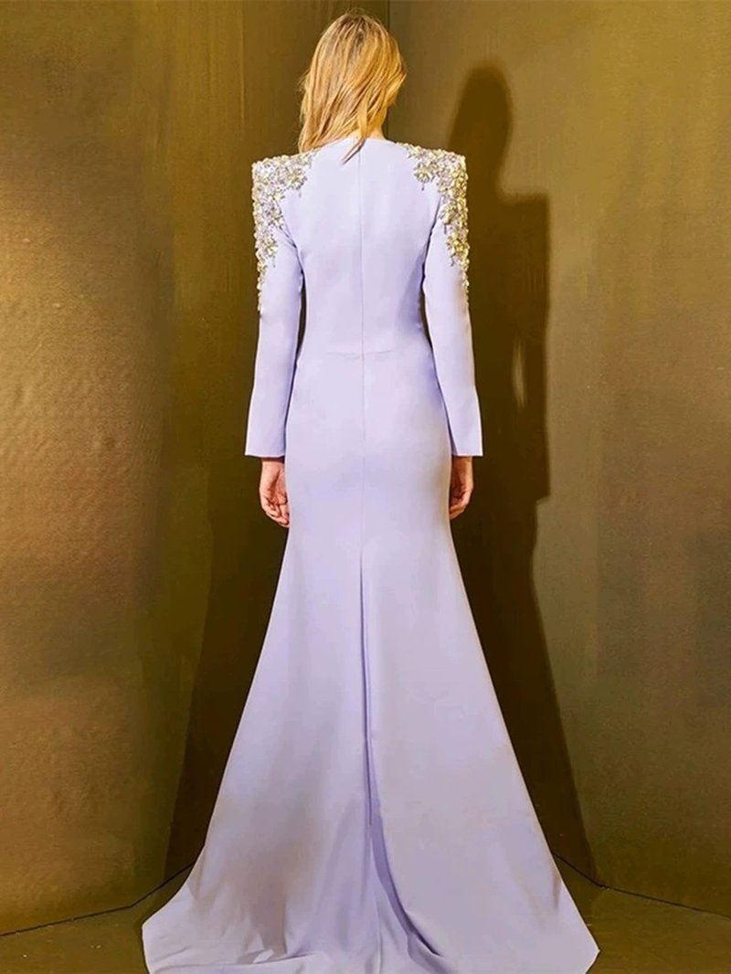 Lavender Long Sleeve Embellished Gown H6633