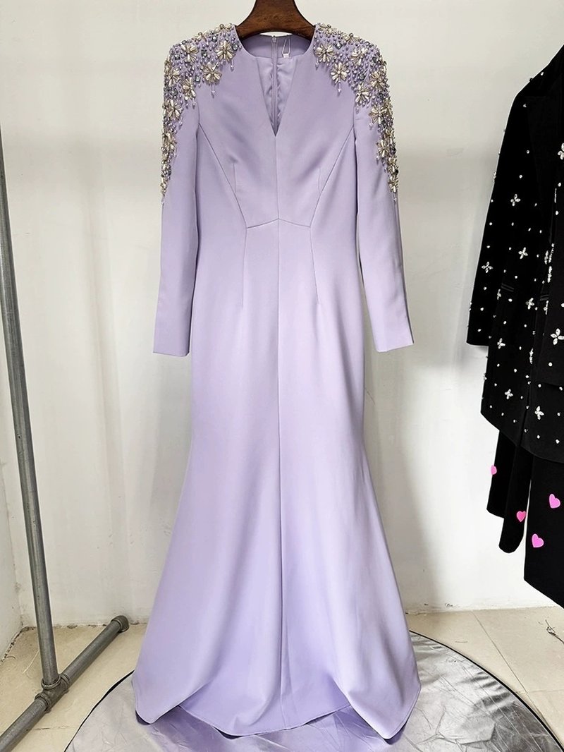 Lavender Long Sleeve Embellished Gown H6633