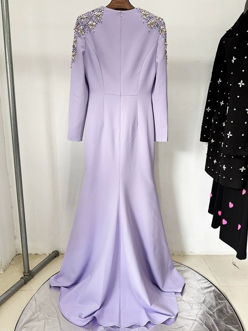 Lavender Long Sleeve Embellished Gown H6633