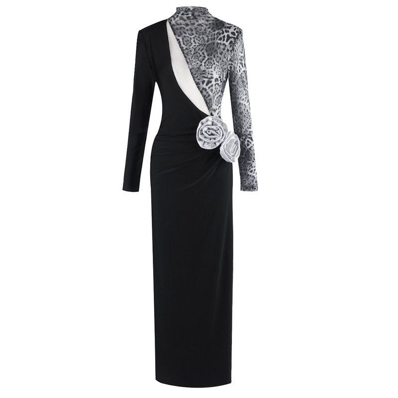 Leopard Accent Black Slit Gown H6788