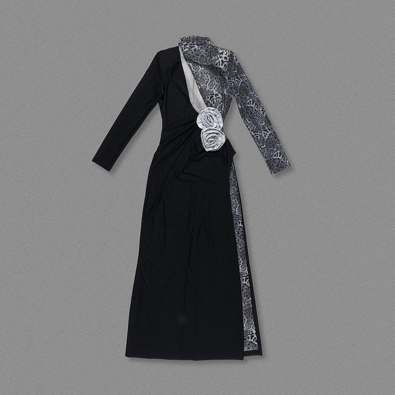 Leopard Accent Black Slit Gown H6788
