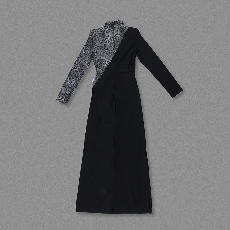 Leopard Accent Black Slit Gown H6788