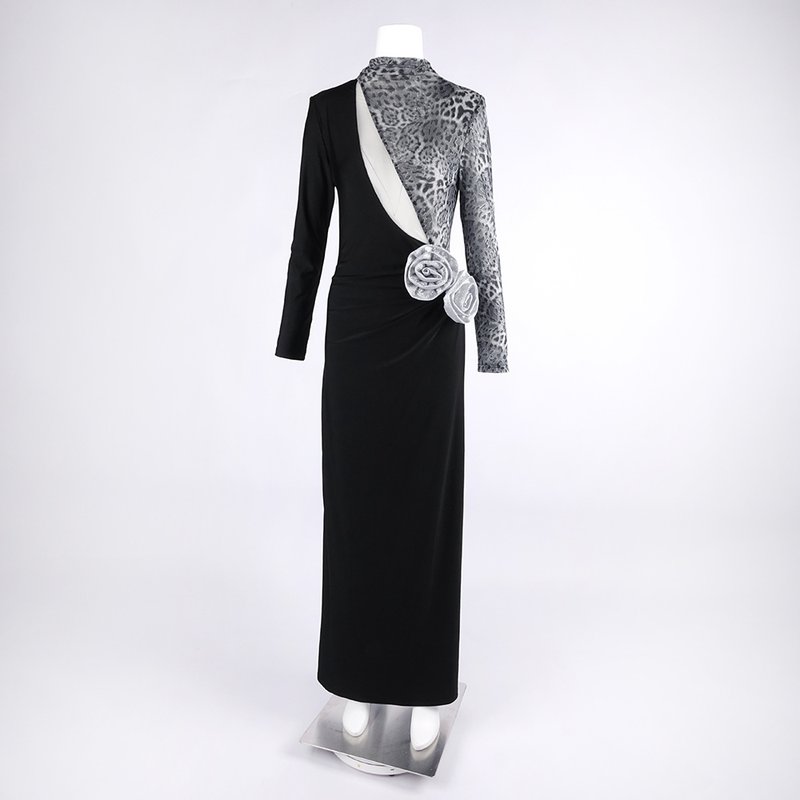 Leopard Accent Black Slit Gown H6788