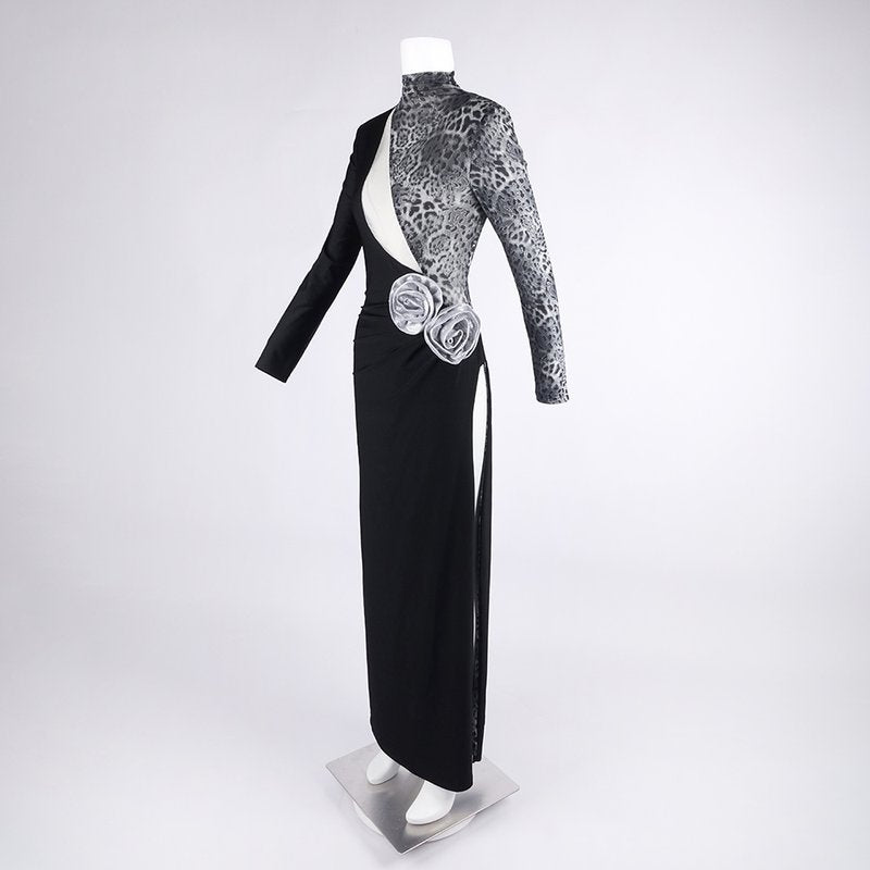 Leopard Accent Black Slit Gown H6788