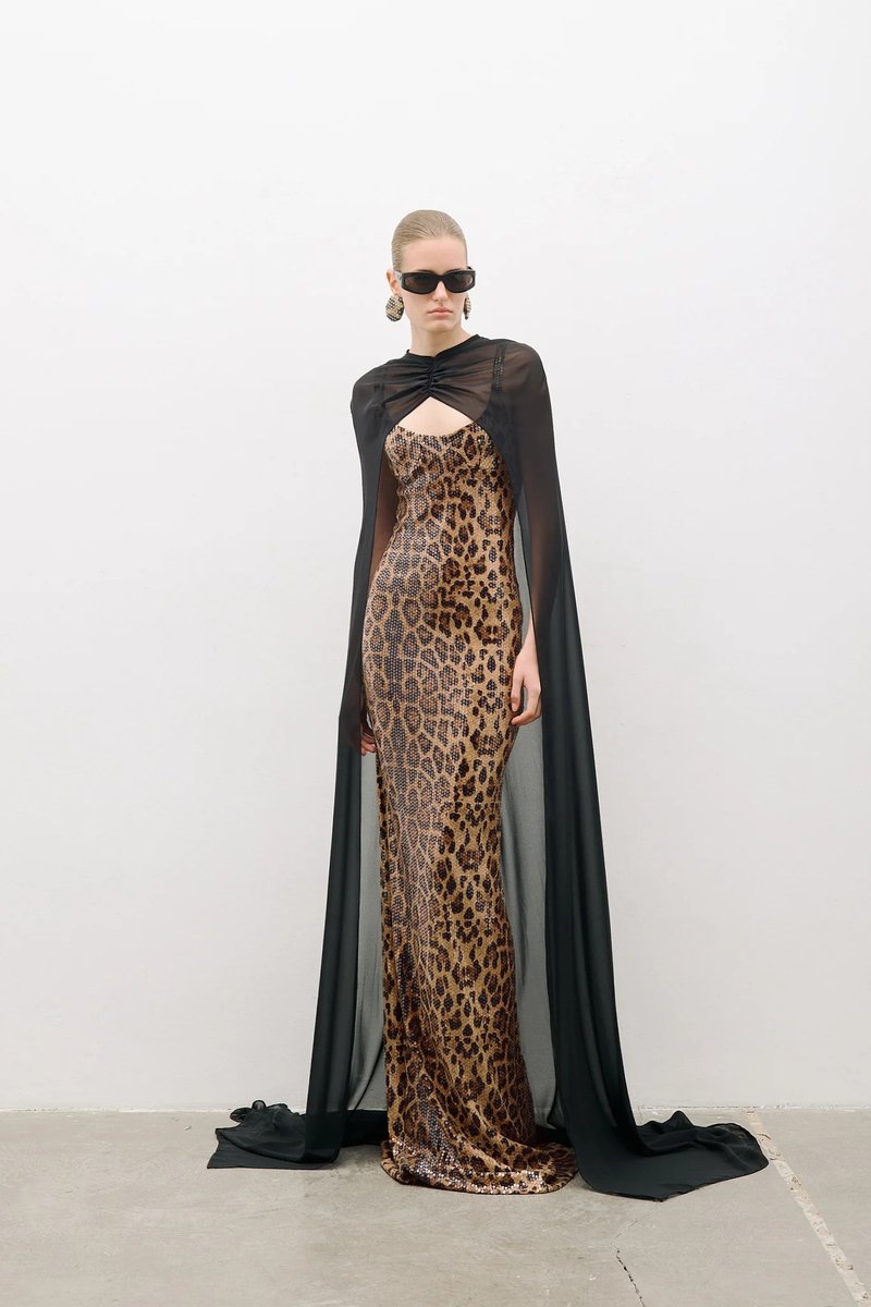 Leopard Print Sequin Maxi Dress with Cape H7022