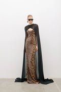 Leopard Print Sequin Maxi Dress with Cape H7022