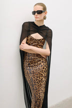Leopard Print Sequin Maxi Dress with Cape H7022