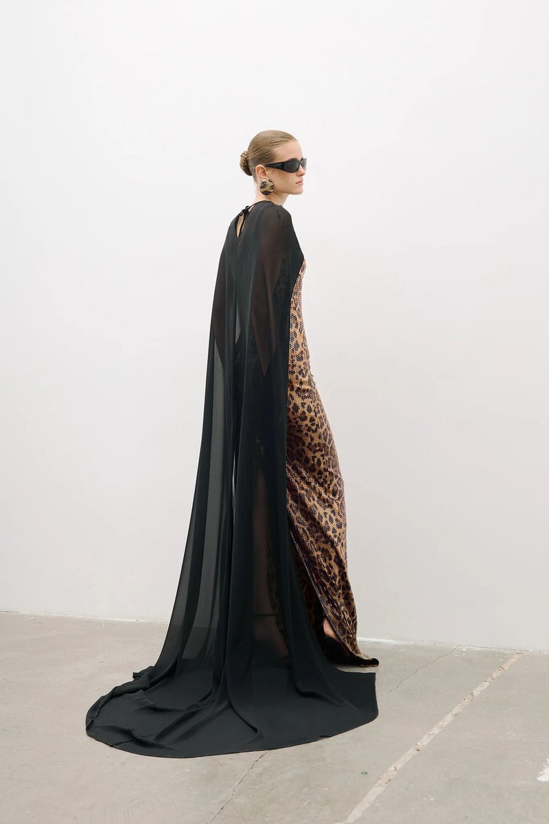 Leopard Print Sequin Maxi Dress with Cape H7022