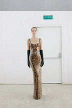 Leopard Print Sequin Maxi Dress with Cape H7022