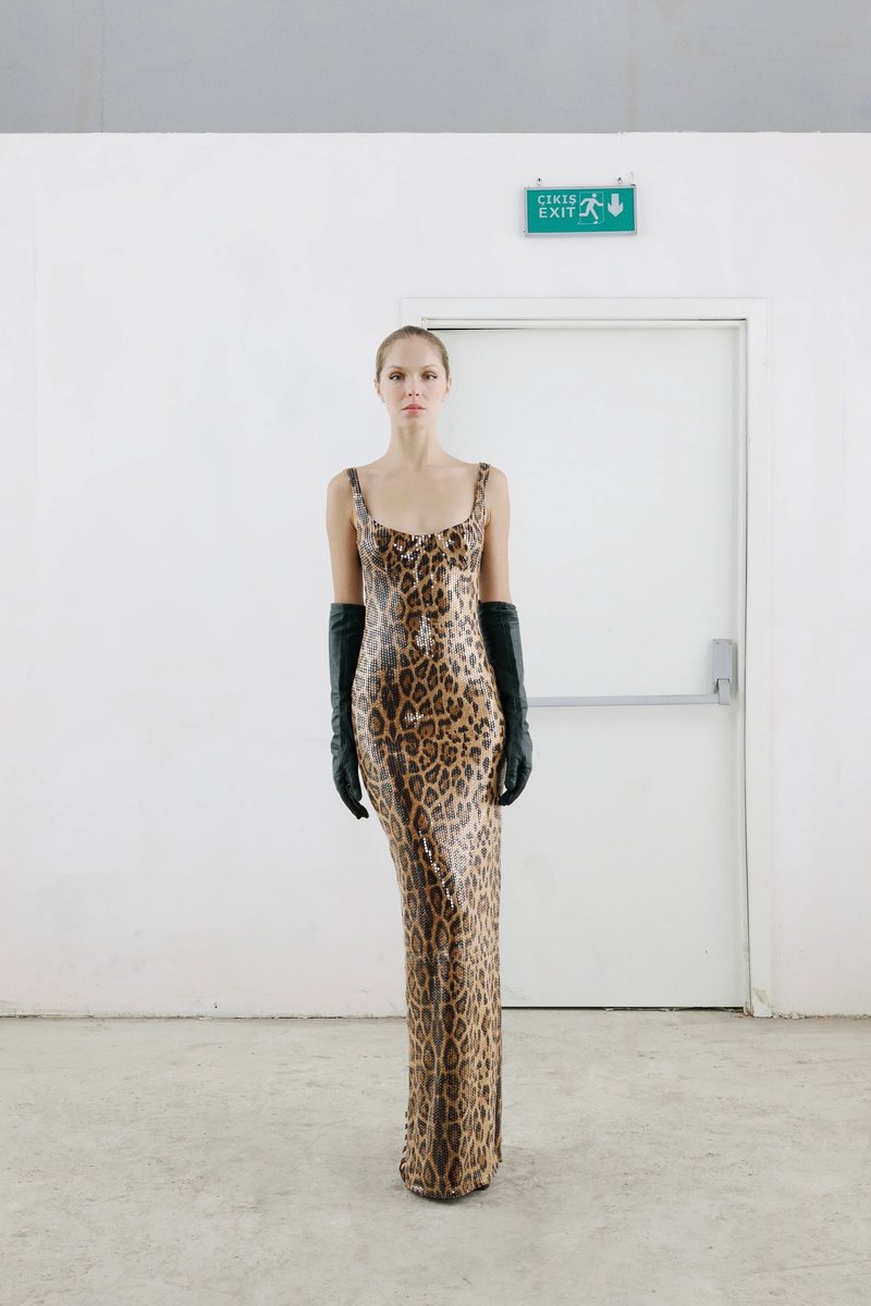 Leopard Print Sequin Maxi Dress with Cape H7022