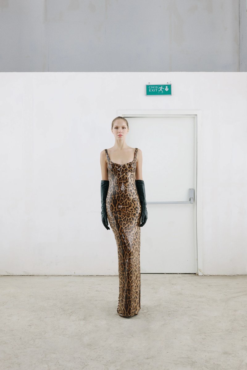 Leopard Print Sequin Maxi Dress with Cape H7022