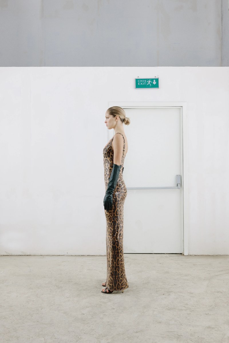 Leopard Print Sequin Maxi Dress with Cape H7022