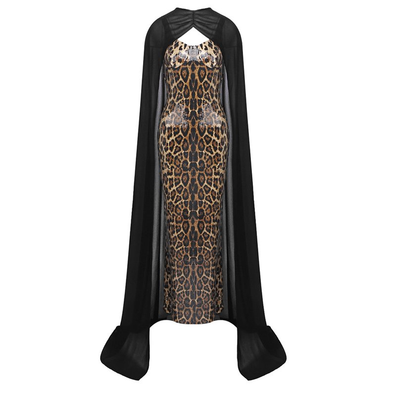Leopard Print Sequin Maxi Dress with Cape H7022