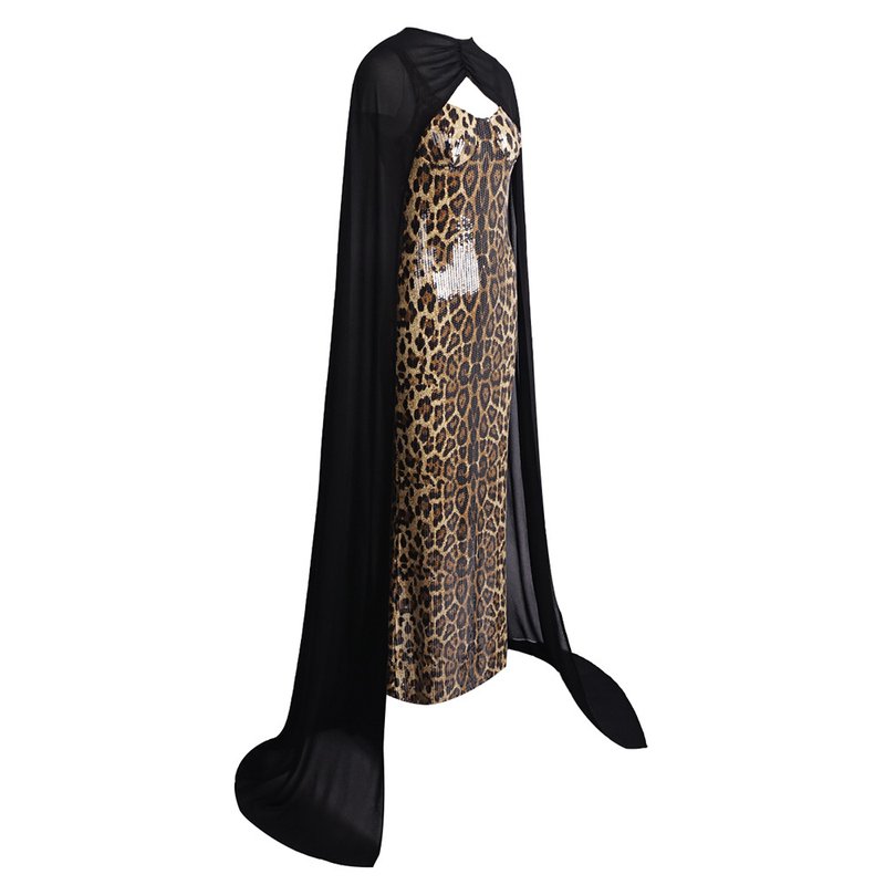 Leopard Print Sequin Maxi Dress with Cape H7022