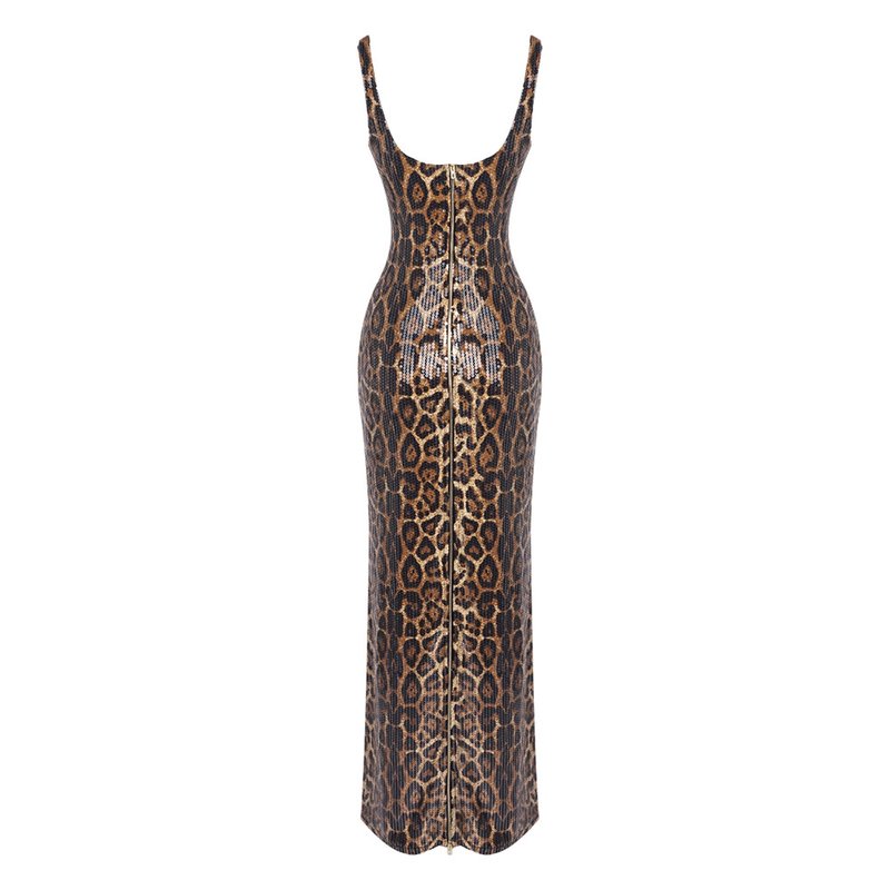 Leopard Print Sequin Maxi Dress with Cape H7022