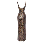 Leopard Print Sequin Maxi Dress with Cape H7022