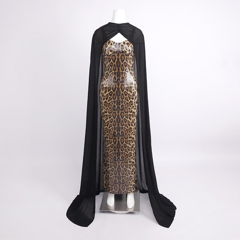 Leopard Print Sequin Maxi Dress with Cape H7022