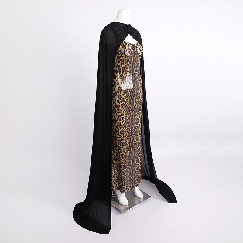 Leopard Print Sequin Maxi Dress with Cape H7022