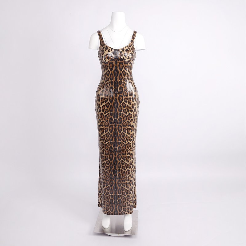 Leopard Print Sequin Maxi Dress with Cape H7022