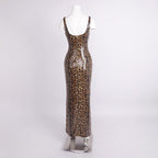 Leopard Print Sequin Maxi Dress with Cape H7022