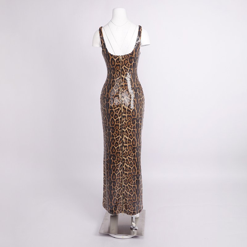 Leopard Print Sequin Maxi Dress with Cape H7022