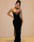 Leopard Trim Black Velvet Gown H6784