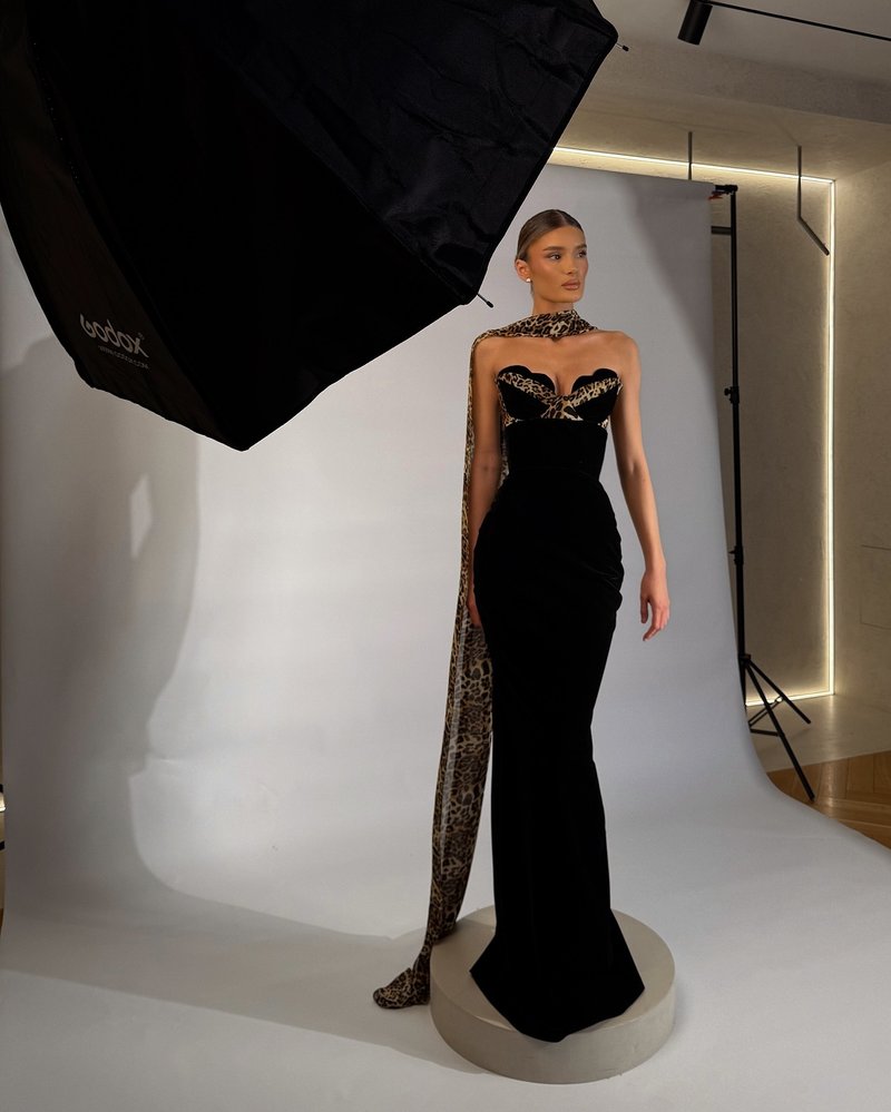 Leopard Trim Black Velvet Gown H6784