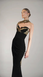 Leopard Trim Black Velvet Gown H6784
