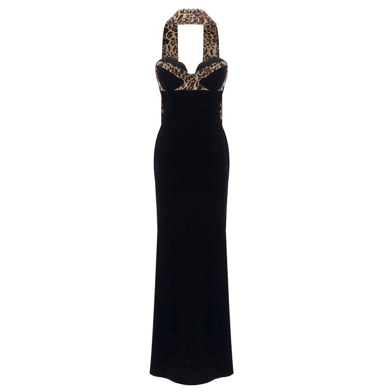 Leopard Trim Black Velvet Gown H6784